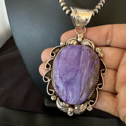 Navajo Purple Charoite Pendant with Pearls | Sterling Silver Necklace | Authentic Native American Handmade | 16654