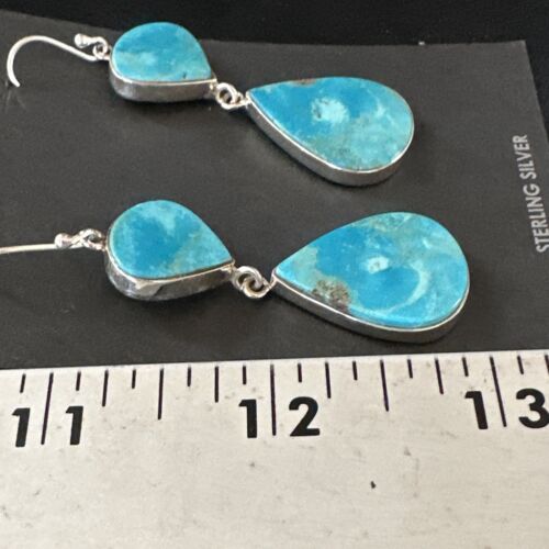 Navajo Blue Kingman Turquoise Dangle Earrings | Sterling Silver | Authentic Native American Handmade | 15106