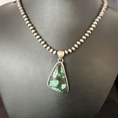 Men's Navajo Sterling Silver Necklace Pendant | Green Spiderweb Turquoise | Authentic Native American Handmade | 16215
