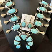 Kingman Turquoise Navajo Squash Blossom Necklace & Earrings | Sterling Silver | Native American Handmade | 16537