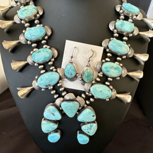 Kingman Turquoise Navajo Squash Blossom Necklace & Earrings | Sterling Silver | Native American Handmade | 16537