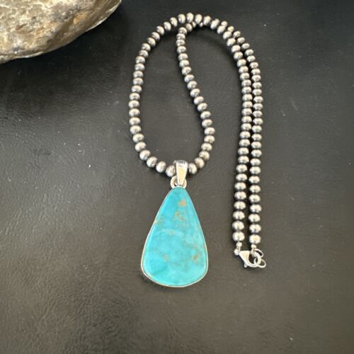 Navajo Blue Kingman Turquoise Pendant Necklace | Sterling Silver | 20" | Authentic Native American Handmade | 16724 - Masha USA
