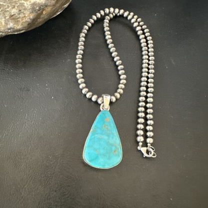 Navajo Blue Kingman Turquoise Pendant Necklace | Sterling Silver | 20" | Authentic Native American Handmade | 16724 - Masha USA