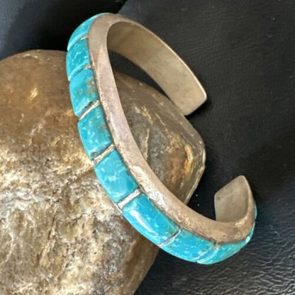Old Pawn Men's Blue Kingman Turquoise Cuff Bracelet | Zuni Sterling Silver | 15955