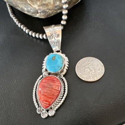 Navajo Blue Kingman Turquoise Spiny Pendant Necklace | Sterling Silver | Multi-Stone | 16824