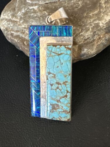 Men's Women's Blue #8 Turquoise Opal Inlay Pendant | Navajo Sterling Silver | 15198