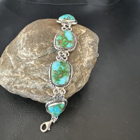 Green Sonoran Gold Turquoise 6 Stone Navajo Sterling Silver Link Bracelet 16373