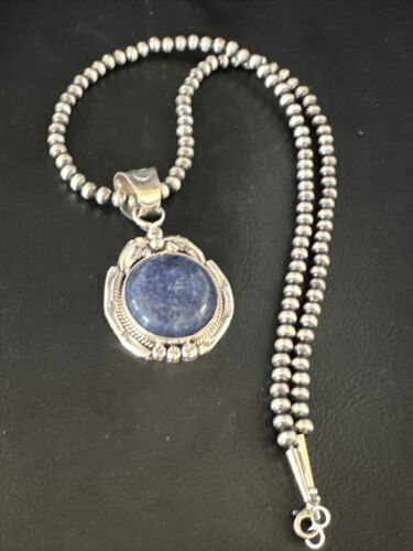 Men's Denim Lapis Lazuli Pendant Necklace | Navajo Beads | Sterling Silver | Authentic Native American Handmade | 14884