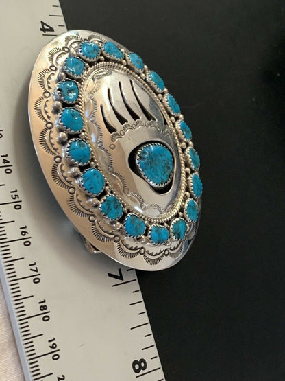 Bearpaw Navajo Blue Kingman Turquoise Concho Belt Buckle | Sterling Silver | Authentic Native American Handmade | 2082