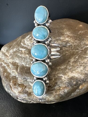 Navajo Women's Cluster Blue Larimar Ring | Authentic Native American Sterling Silver | Multi-Stone | Sz 7 | 16155