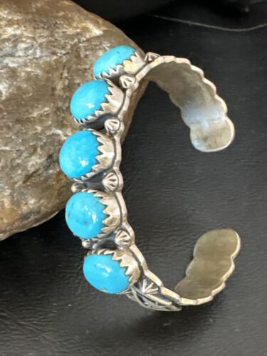 Navajo Blue Kingman Turquoise Cuff Bracelet | Sterling Silver | 5 Stone Design | Women's Jewelry | Authentic Native American Handmade