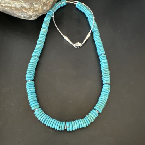 Men's Navajo Blue Turquoise Heishi Necklace | Sterling Silver | 24" | Authentic Native American Handmade | 16340 - Masha USA