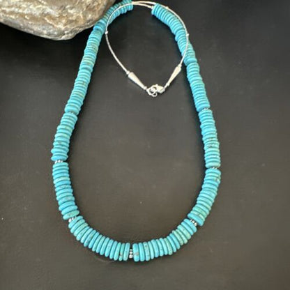 Men's Navajo Blue Turquoise Heishi Necklace | Sterling Silver | 24" | Authentic Native American Handmade | 16340 - Masha USA