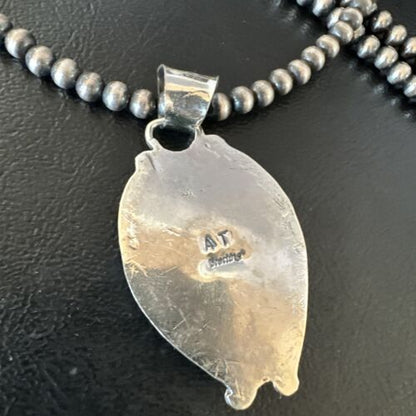 Navajo Blue Turquoise Pendant Necklace | Sterling Silver Pearls | Authentic Native American Handmade | 15645
