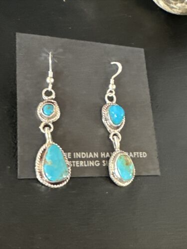 Kingman Turquoise Dangle Earrings | Navajo Handmade | Sterling Silver | Authentic Native American | 14867