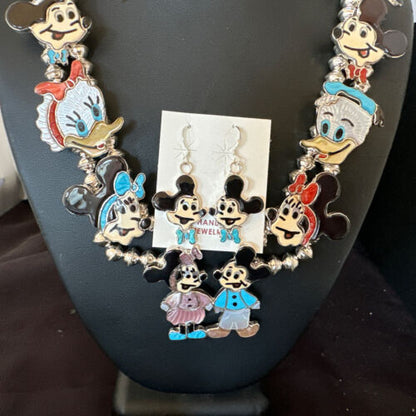 Disney Mickey Minnie Zuni Necklace Pendant | Sterling Silver Inlay | Authentic Native American Handmade | 16073