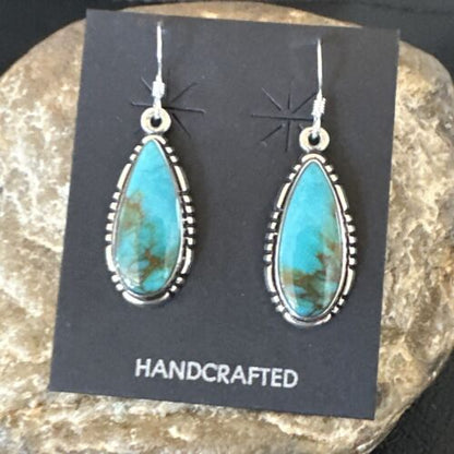 Navajo Blue Turquoise Dangle Earrings | Sterling Silver | Authentic Native American Handmade | 16505