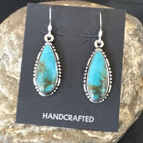 Navajo Blue Turquoise Dangle Earrings | Sterling Silver | Authentic Native American Handmade | 16505