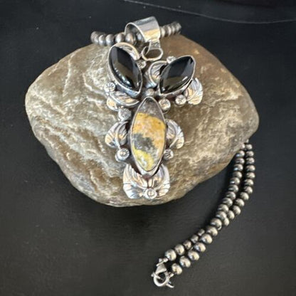 Men's Navajo Pearls Onyx Bumblebee Jasper Pendant | Sterling Silver | Multi-Stone Necklace | 15415