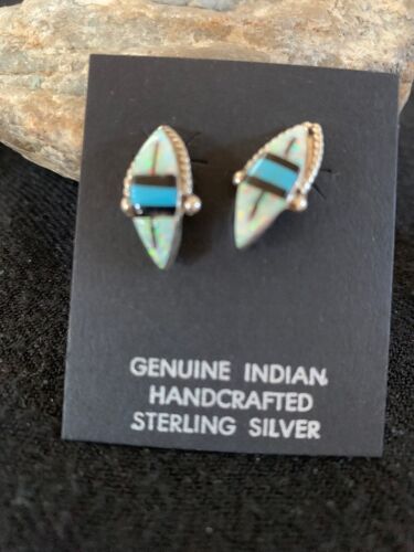 Navajo Turquoise White Opal Onyx Inlay Earrings | Sterling Silver | Authentic Native American Handmade | 13050