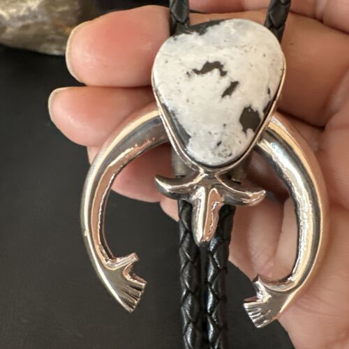 Men's Naja White Buffalo Turquoise Bolo Tie | Navajo Sterling Silver | Authentic Native American Handmade | 15275 - Masha USA