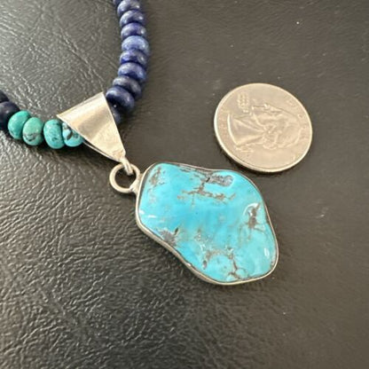 Navajo Lapis Turquoise Pendant Necklace | Sterling Silver | Authentic Native American Handmade | 17434