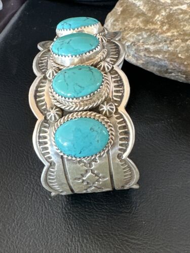 Navajo Blue Turquoise 5 Stone Cuff Bracelet | Sterling Silver | XL Men's | Authentic Native American Handmade | 15859