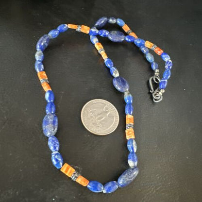 Men's Lapis Lazuli Spiny Oyster Necklace | Navajo Sterling Silver | 18" | Authentic Native American Handmade | 15265