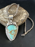 Navajo Pearls Sterling Silver Necklace with Blue Turquoise #8 Pendant | Authentic Native American Handmade | 14857