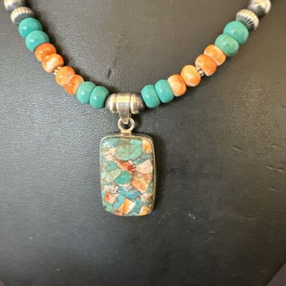 Navajo Spiny Turquoise Pendant Necklace | Sterling Silver | 22" | Authentic Native American Handmade | 17431