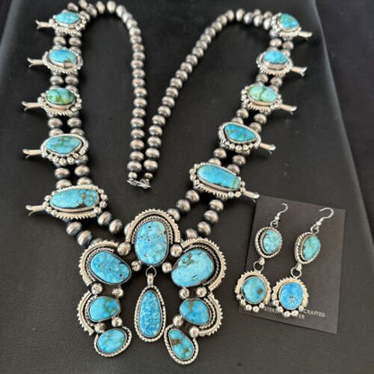 Navajo Ultra Rare Sonoran Mountain Blue Turquoise Squash Blossom Necklace Set | Sterling Silver | 17209