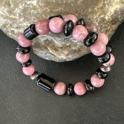 Navajo Pink Rhodochrosite Memory Wire Bracelet | Stainless Steel | Authentic Native American Handmade | 17625