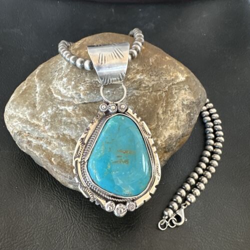 Navajo Pearls Kingman Turquoise Necklace | Sterling Silver | Authentic Native American Handmade | 17131