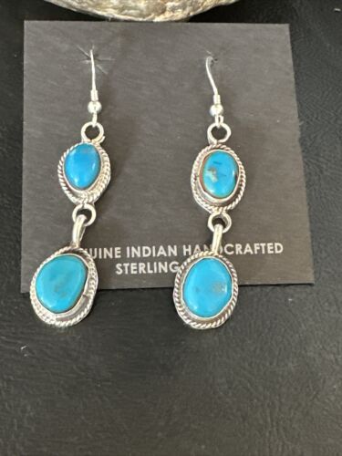Kingman Turquoise Dangle Earrings | Navajo Handmade | Sterling Silver | Authentic Native American | 14864