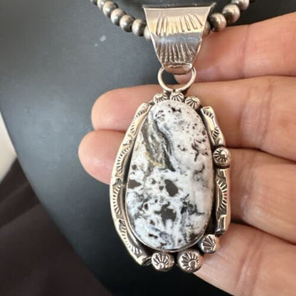 Men's White Buffalo Turquoise Pendant Necklace | Navajo Pearl Sterling Silver | 17037