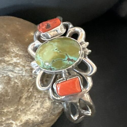Royston Turquoise Coral Cuff Bracelet | Navajo Tufa Cast | Sterling Silver | Authentic Native American Handmade | 16778