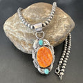 Navajo Spiny Oyster | Blue Turquoise Pendant Necklace | Sterling Silver | Native American Handmade | 16458