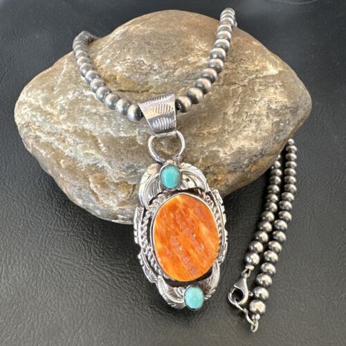 Navajo Spiny Oyster | Blue Turquoise Pendant Necklace | Sterling Silver | Native American Handmade | 16458