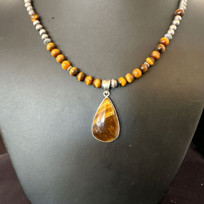 Southwestern Coffee Brown Tiger's Eye Pendant Necklace | Sterling Silver | 15863