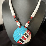 Navajo Shell Turquoise Coral Necklace | Sterling Silver | Stabilized | Inlay | 22" | Authentic Native American Handmade | 15323