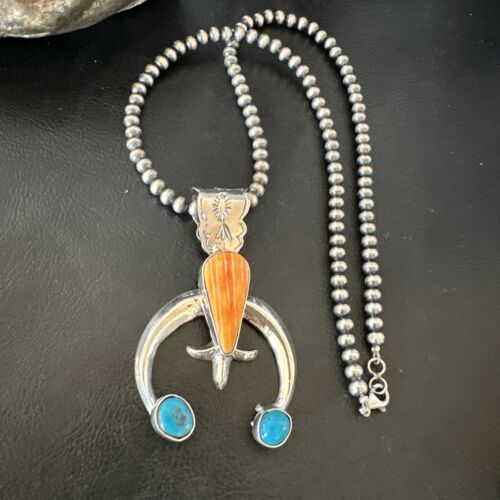 Navajo Blue Turquoise Orange Spiny Oyster Naja Pendant | Sterling Silver | Authentic Native American Handmade | 16411