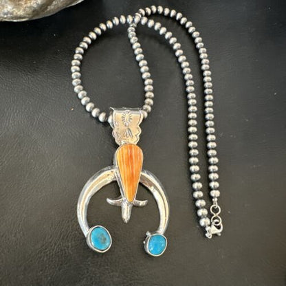 Navajo Blue Turquoise Orange Spiny Oyster Naja Pendant | Sterling Silver | Authentic Native American Handmade | 16411