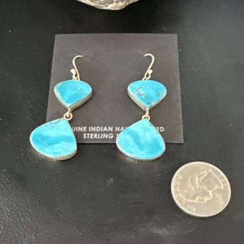 Navajo Blue Kingman Turquoise Dangle Earrings | Sterling Silver | Authentic Native American Handmade | 15101