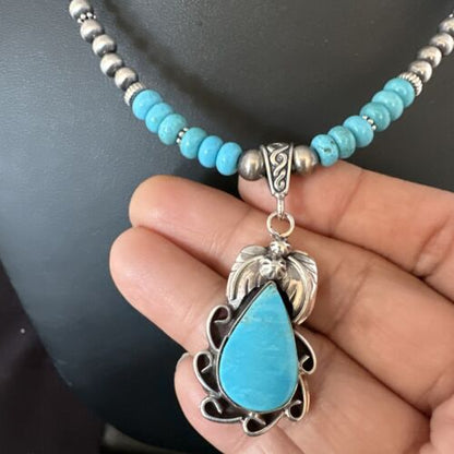 Navajo Blue Turquoise Pendant with Pearls | Sterling Silver Necklace | Authentic Native American Handmade | 15419