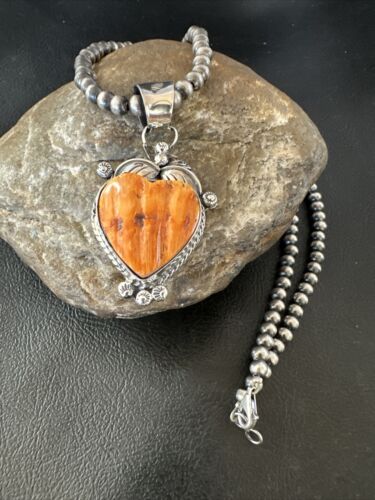 Navajo Orange Spiny Oyster Heart Pendant Necklace | Sterling Silver | Authentic Native American Handmade | 16415