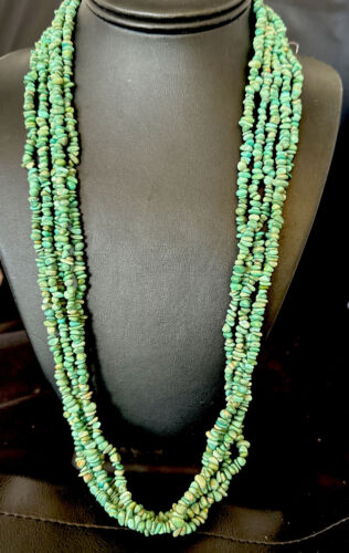 Navajo Green Turquoise Nugget Necklace | 5 Strand | Sterling Silver | Authentic Native American Handmade | 16321