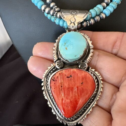 Navajo Pearls Blue Turquoise Spiny Pendant Necklace | Sterling Silver | 3-Strand | 16827