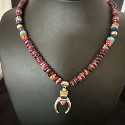 Navajo Purple Spiny Oyster Turquoise Naja Pendant Necklace | Sterling Silver | Authentic Native American Handmade | 16809