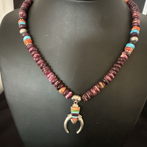 Navajo Purple Spiny Oyster Turquoise Naja Pendant Necklace | Sterling Silver | Authentic Native American Handmade | 16809