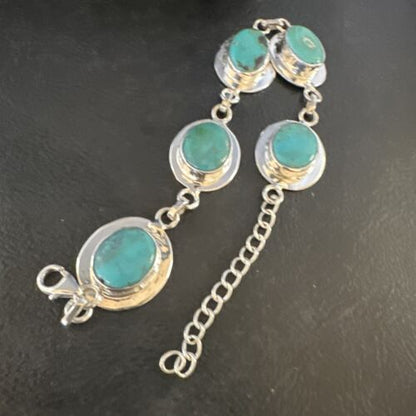Navajo Blue Turquoise Link Bracelet | Sterling Silver | 8" | Authentic Native American Handmade | 15477